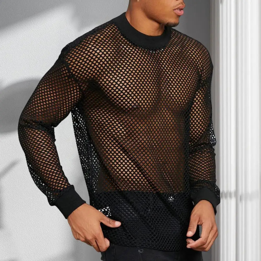 Summer Men Mesh Top Ultra Thin Seethrough Solid Colo RO Neck Long Sleeves Shirt Casual Elastic Cuff Sleeve Male Muscle Tee 241223