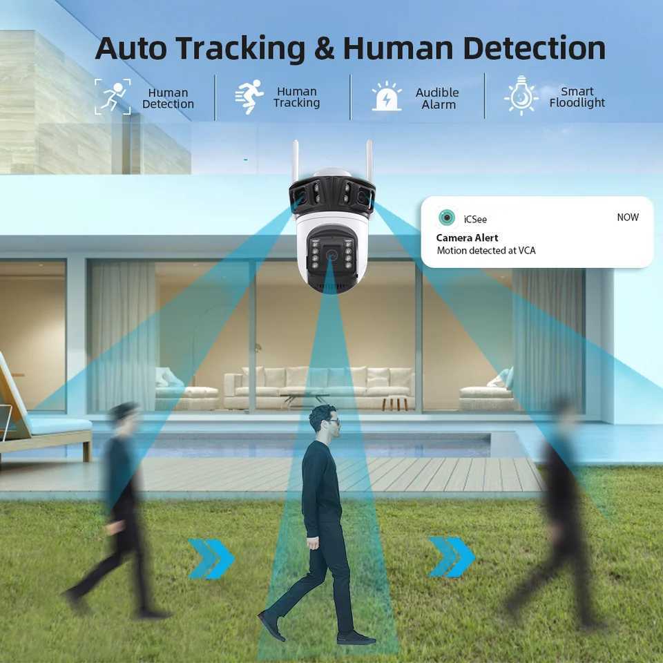 Three Lens PTZ IP Camera Outdoor 6K HD Three Sn WiFi Security Camera Auto Tracking 4K Dual Len Wirelss CCTV Camera iCseeXJ241228