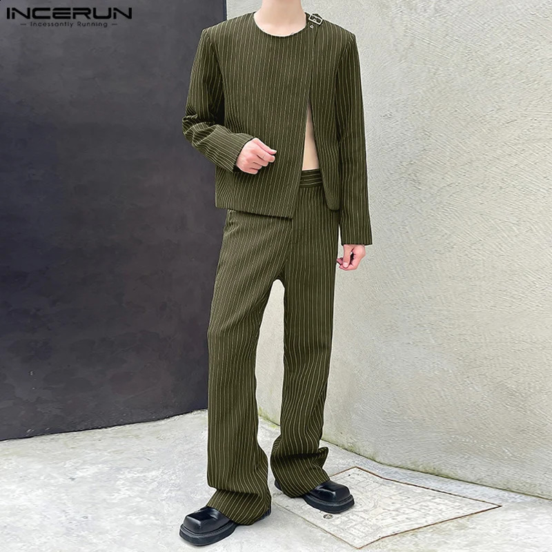 2024 INCERUN Men Casual Solid Color Sets Striped O-neck Long Sleeve Suits Split Sexy Loose Tailored Suit Korean Fashion Wear 241224