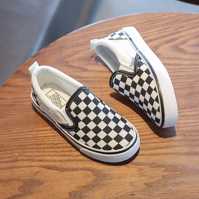 Kid Canvas Shoes White and Black Plaid Checkered Casual Sneakers Toddler Soft Sole Kidsnest Fashion Shoes for Boys Girls Size US3c-US4y