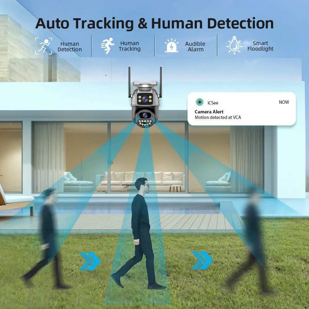 4K 8MP WiFi Camera Outdoor 360 View Dual Sn CCTV 4X Zoom Security Protection Surveillance Cam ICsee Alexa Video CamXJ241228