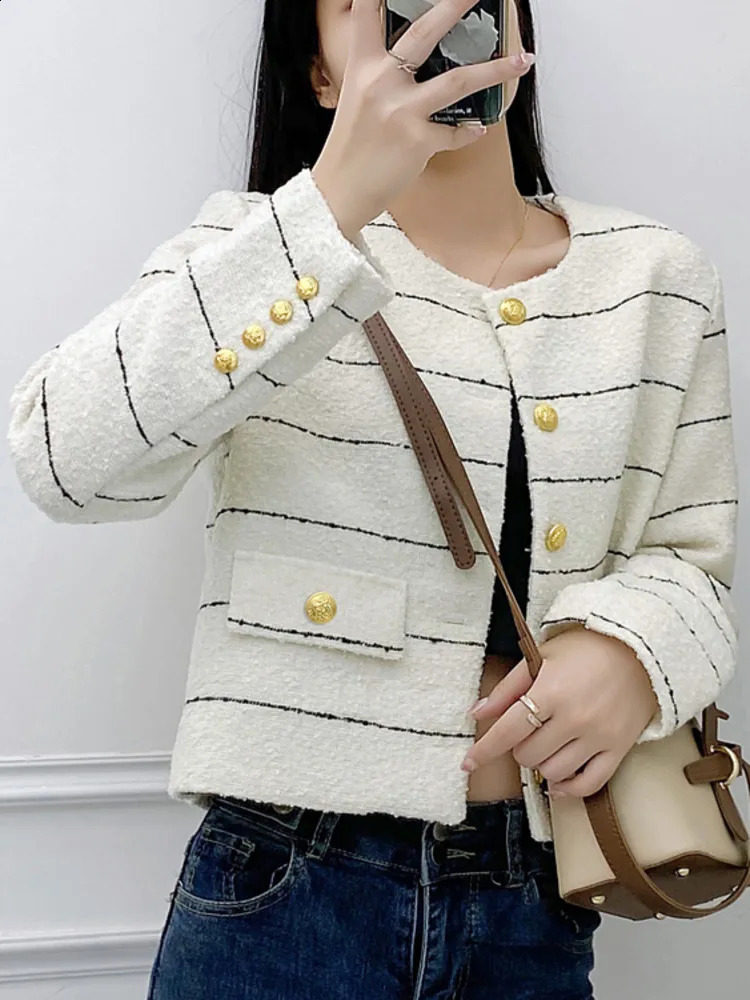 Wool Coat Women High Quality s Fall Clothes Classical Striped Winter Top Korean Fashion Street Tweed Short Jacket 241224