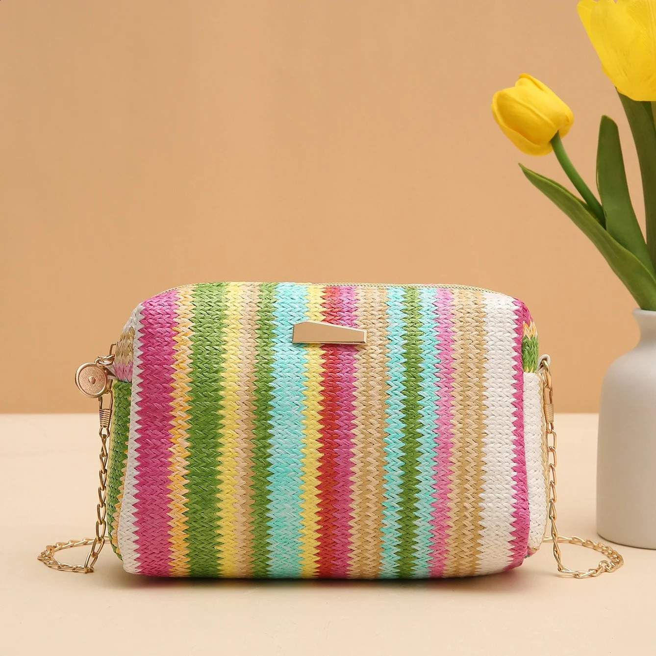 Summer Rainbow Rattan Knitting Straw Bag Shoulder Crossbody Beach Chain Small Purse Handbag Female Travel Flap Women 241225