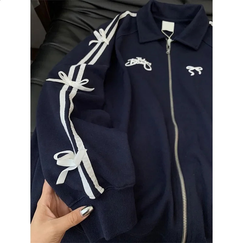 Deeptown Stripes Bow Long Sleeve Jackets for Women Y2k Korean Casual Sweet Zip Up Coats Kawaii Streetwear Loose Tracksuits 241224