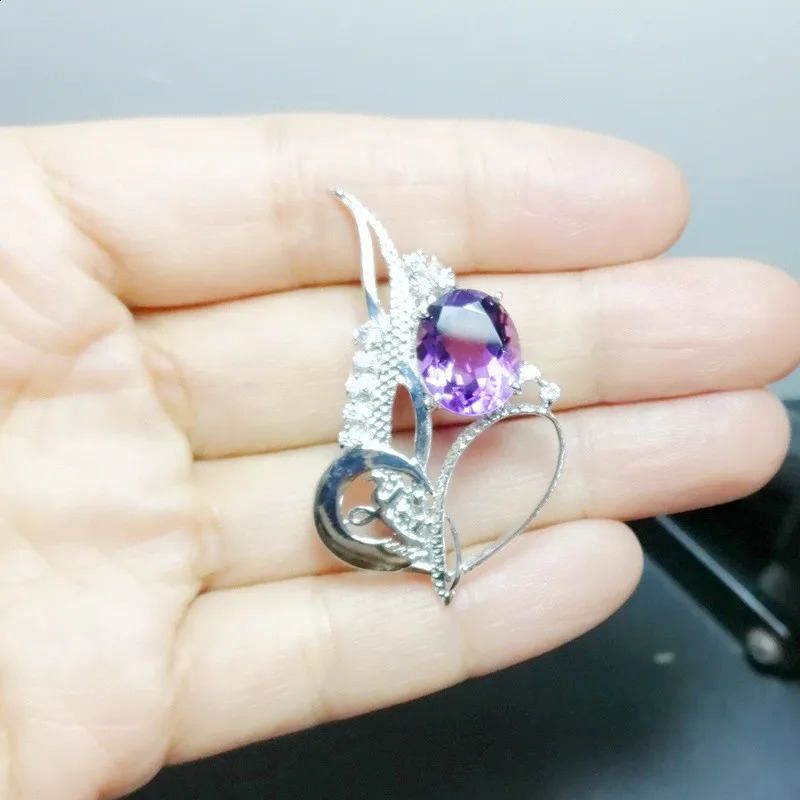 Natural real purple amethyst brooch pins Y style 925 sterling silver 10*12mm 4.5ct gemstone Fine jewelry C9021101 241227