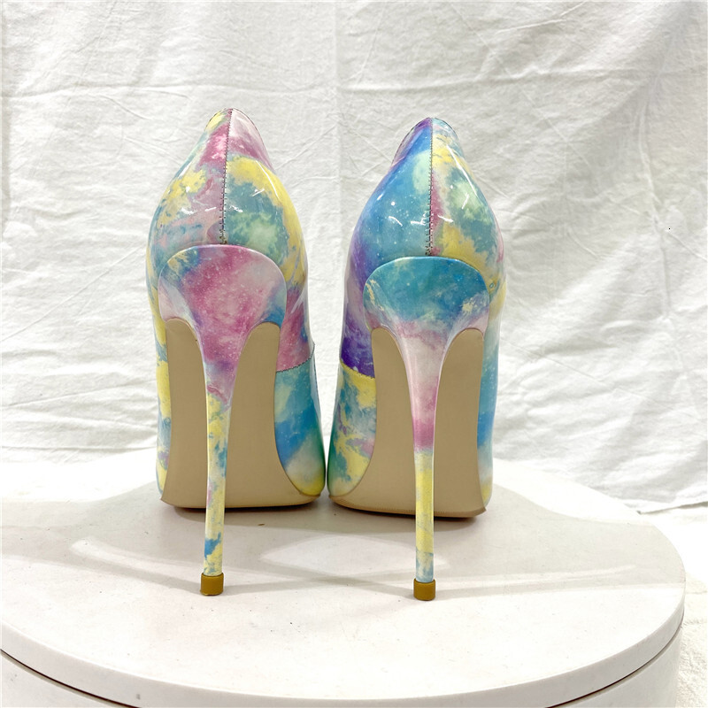 Colorful Print Patent Leather Women's Pointed Toe Stilettos Sexy Ladies Banquet Slip-On High Heels 8Cm 10Cm 12Cm Party Shoes