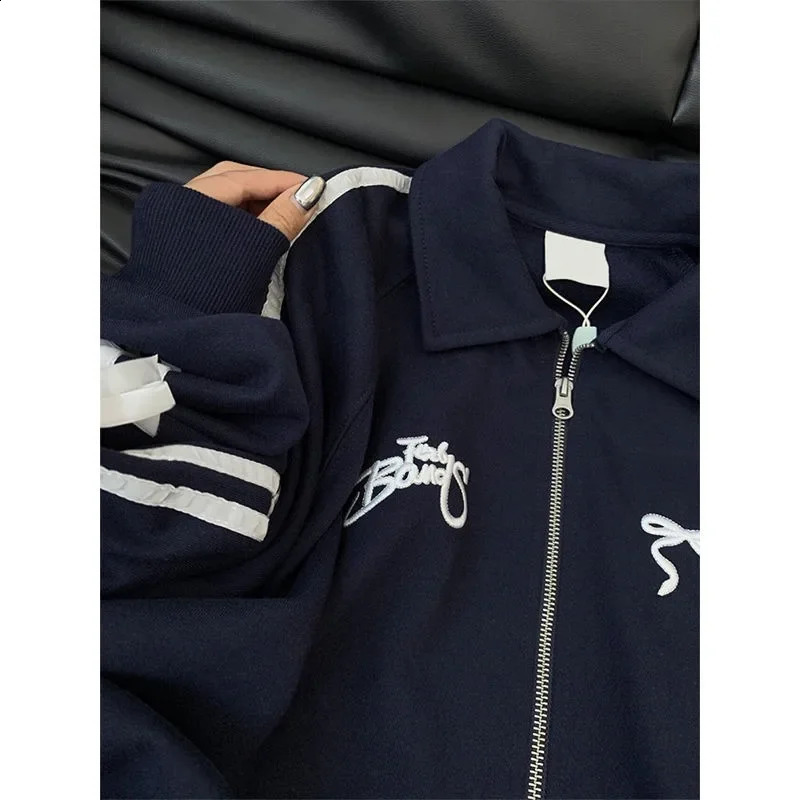 Deeptown Stripes Bow Long Sleeve Jackets for Women Y2k Korean Casual Sweet Zip Up Coats Kawaii Streetwear Loose Tracksuits 241224