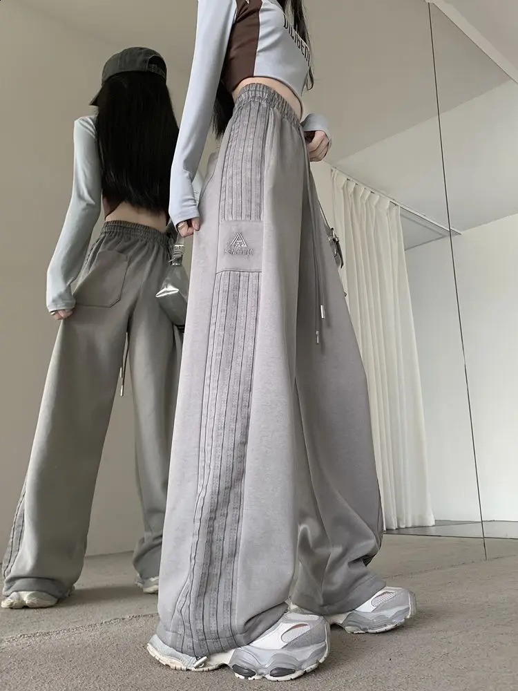 American Gray Sweatpants Women Autumn Winter High-waisted Casual Striped Sweatpants Small People Loose Slimming Wide-leg Pants 241220