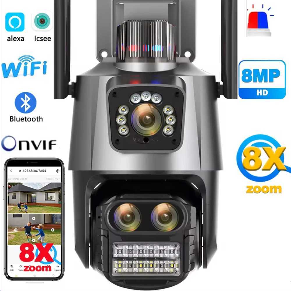IP Camera 8MP 4K WiFi Surveillance Camera Three Lens Dual Sn PTZ Camera Police Light Al CCTV Security Camera ICSEE AlexaXJ241228