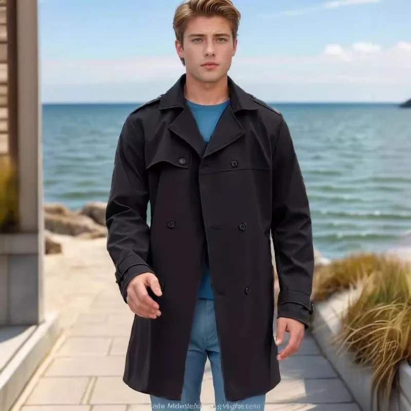 Spring and Autumn Solidcolor European American Longsleeved Trench Coat Mens Lapel Slimfitting Doublebreasted Casual 241220