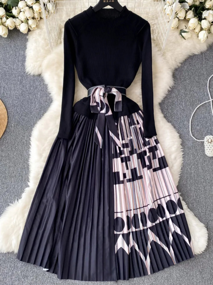 XFPV Women Light High Waist Print Patchwork Belt Aline Dresses Stand Collar Knit Vestidos Spring Summer 2025 SM10681 241228