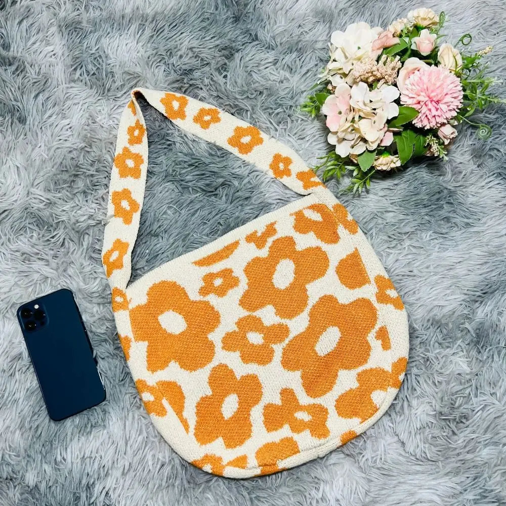 Flower Print Knitted Shoulder Bag Casual Colorful Large Capacity Tote Handbag Bohemia Style Travel Shopping 241225