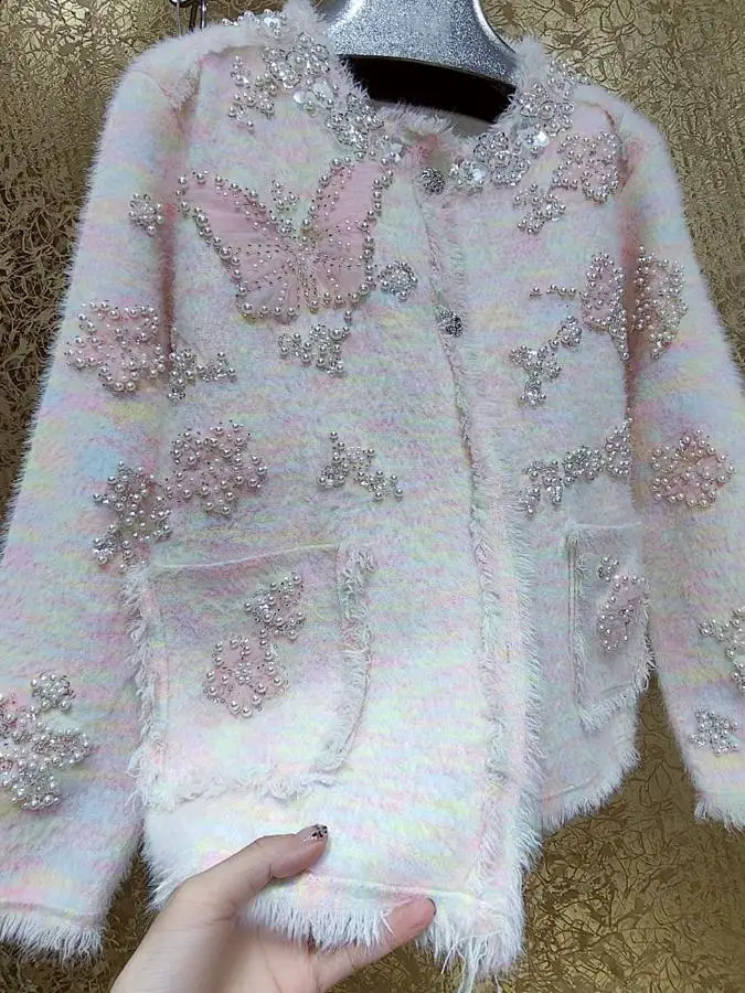 Pearls Beaded Big Butterfly Embroidery Sequined Jacket Crystal Woolen Tweed Blazer Coat Thick Mink Cashmere Cardigan Tops 241224