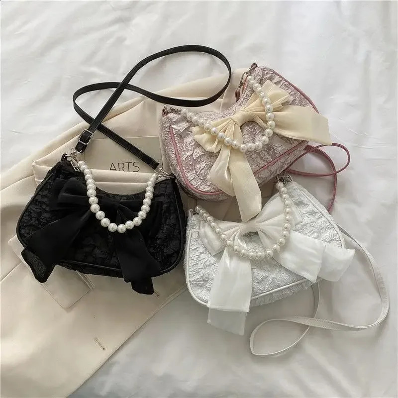 Pearl Female Bag Retro er Handbag Bow Crossbody Bags Fashion Canvas Womens 2024 Trend Shoulder bag Purses 250103