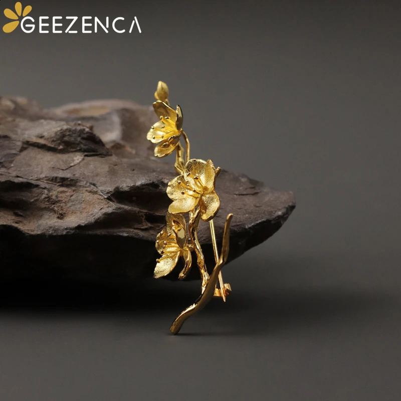 GEEZENCA 925 Sterling Silver Cherry Blossom Brooches For Women Aesthetic Flower Chic Clothing Accessories Pins Gift 241227