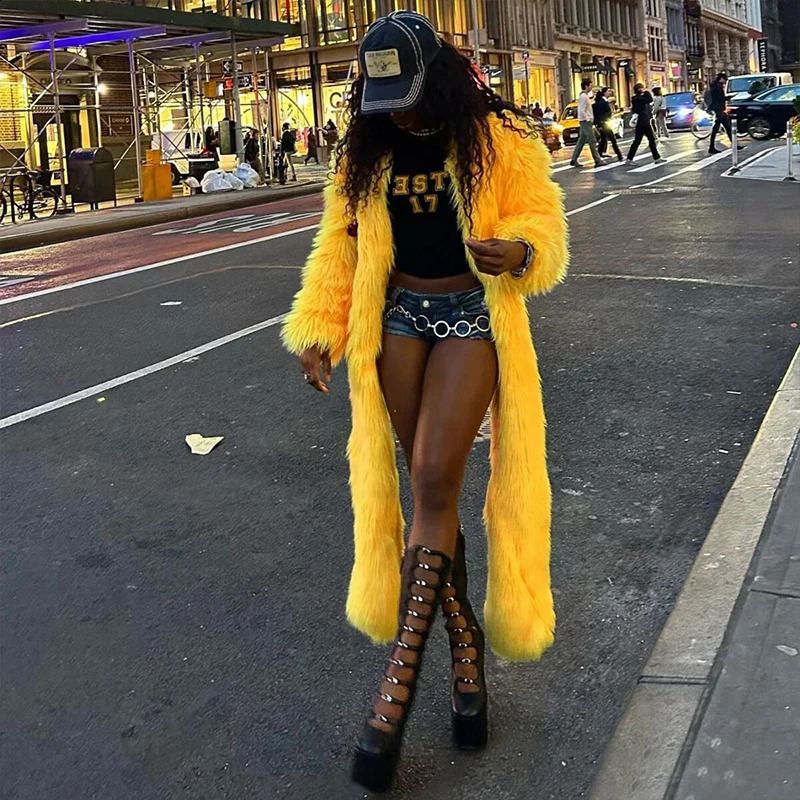 BKLD High Street 2024 Womens Winter Faux Fur Thicken Warm Long Coats Yellow Irregular Sexy Sleeved Fluffy Outerwear 241223