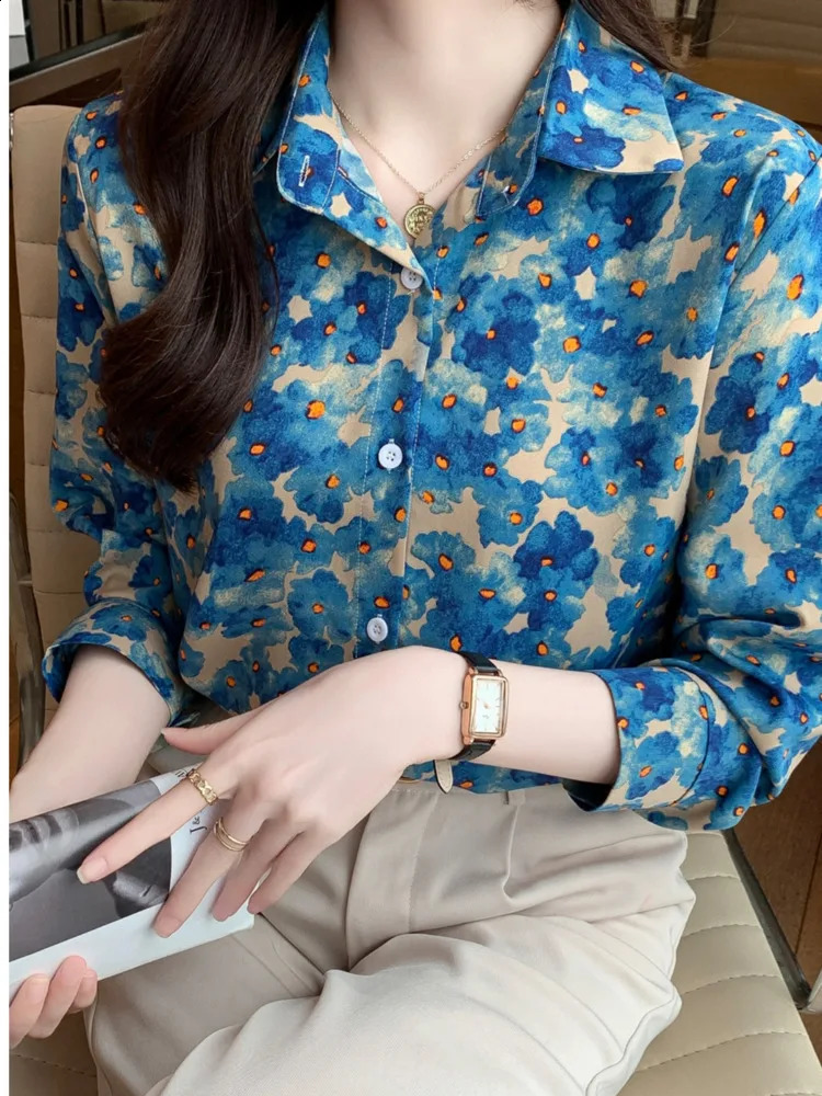 #3183 Blue Pink Vintage Long Sleeve Shirt Women Full Floral Printed Femme Loose Thin Chiffon Blouse 241228