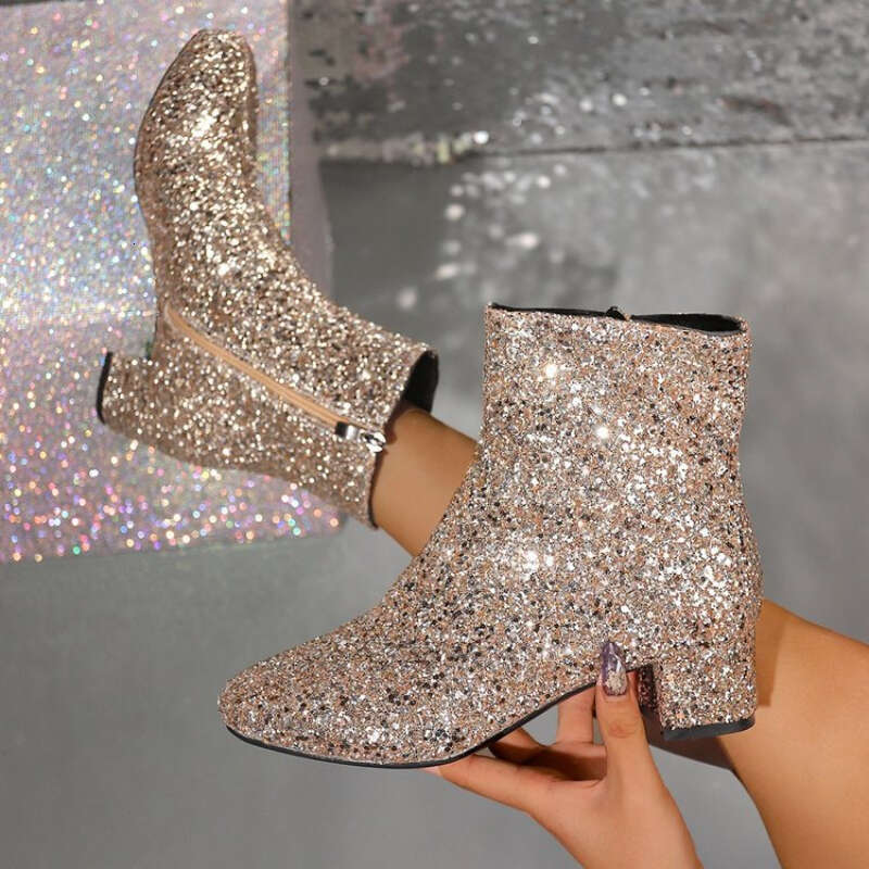 Women's Plus Size Gold Sequin Embellished Round Toe Side Zipper Short Warm Fleece ing Chunky Heel Anti-Wind Ankle Boots