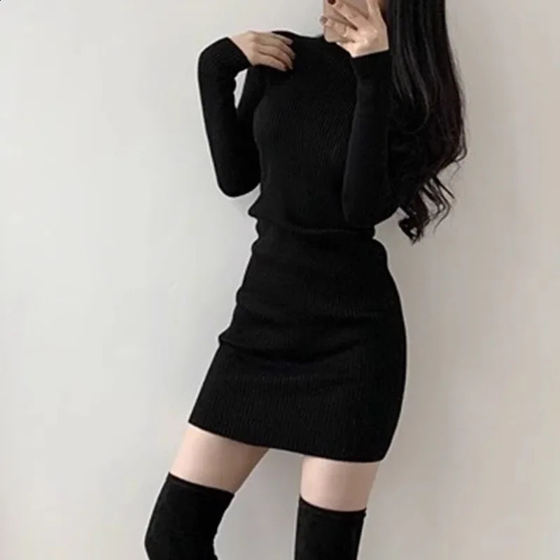 Fanan 2024 Turtleneck Sweater Dresses Lady Sexy Slim Streetwear Bodycon Mini Dres Thick Basic Bottoming Dress Woman 241228