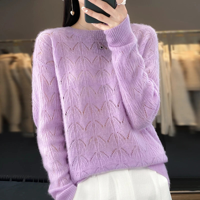 Wool Oneck Sweater Women Knitted Hollowout Long Sleeve Tops Spring Female Pullover Autumn Winter Loose Fashion Basics Jumper 241223Z