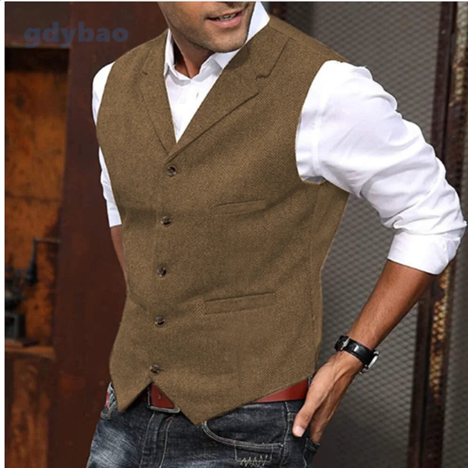 Mens Casual Classic Suit Vest V Neck Herringbone Tweed Slim Fit Business Waistcoat For Wedding 241223Z