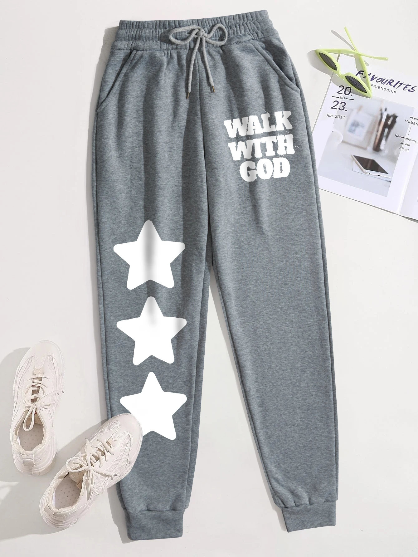 Walk With God Simple Star Printing Woman Drawstring Pant Warm Pocket Sweatpant Sport Fashion Joggers Trendy Street Y2K Pants 241228
