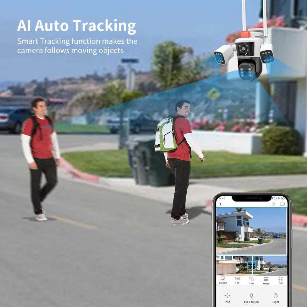 16MP 8K WiFi Security Cameras Four Len Three Sns 10X Zoom Outdoor PTZ Video Cam Auto Tracking 6K Waterproof Surveillance CamXJ241228