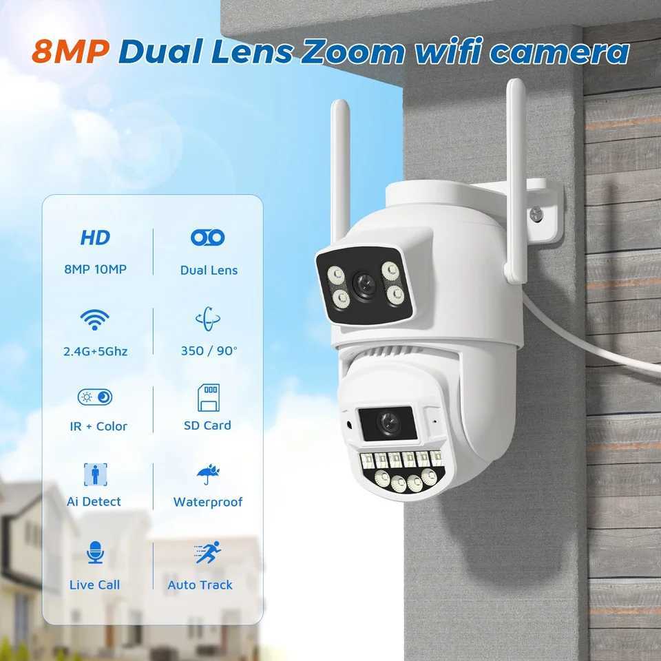 10MP 5K Wifi IP Camera Outdoor 2.4GHZ 5GHZ PTZ Surveillance Camera Dual Lens Dual Sns Email Alert 4K Security ProtectionXJ241228