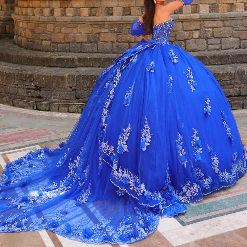 Royal Sparkly Quinceanera Dresses Off Shoulder Appliques Flower Beads Bow Tull Ball Gown Sweet 16 Dress Party Birthday Vestidos De 15 Anos