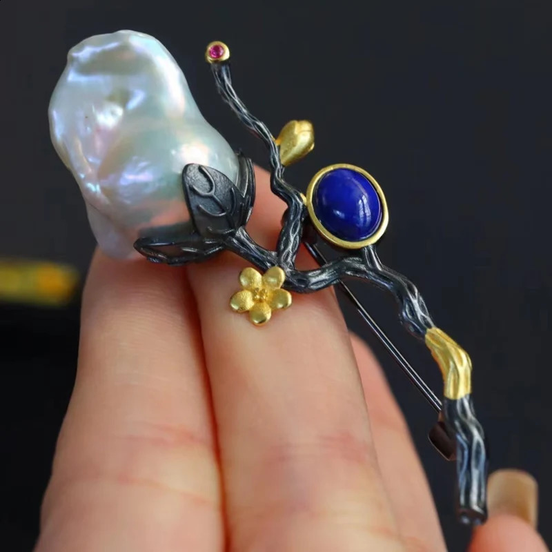 CSJ Vintage Natural Lapis Baroque Pearl Brooch Sterling 925 Silver Handmade Jewelry for Women Lady Wedding Engagment Party Gift 241227