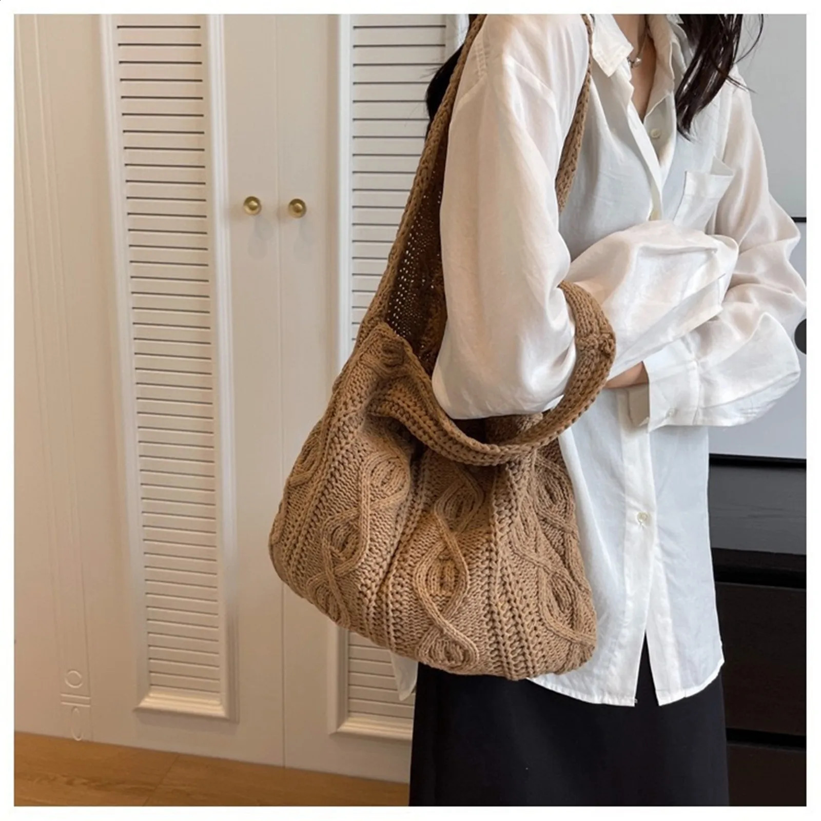 Wool Large Knit Bag Shoulder Shopping For Women Vintage Cotton Cloth Girls Tote Shopper Female Handbag Crochet 241225