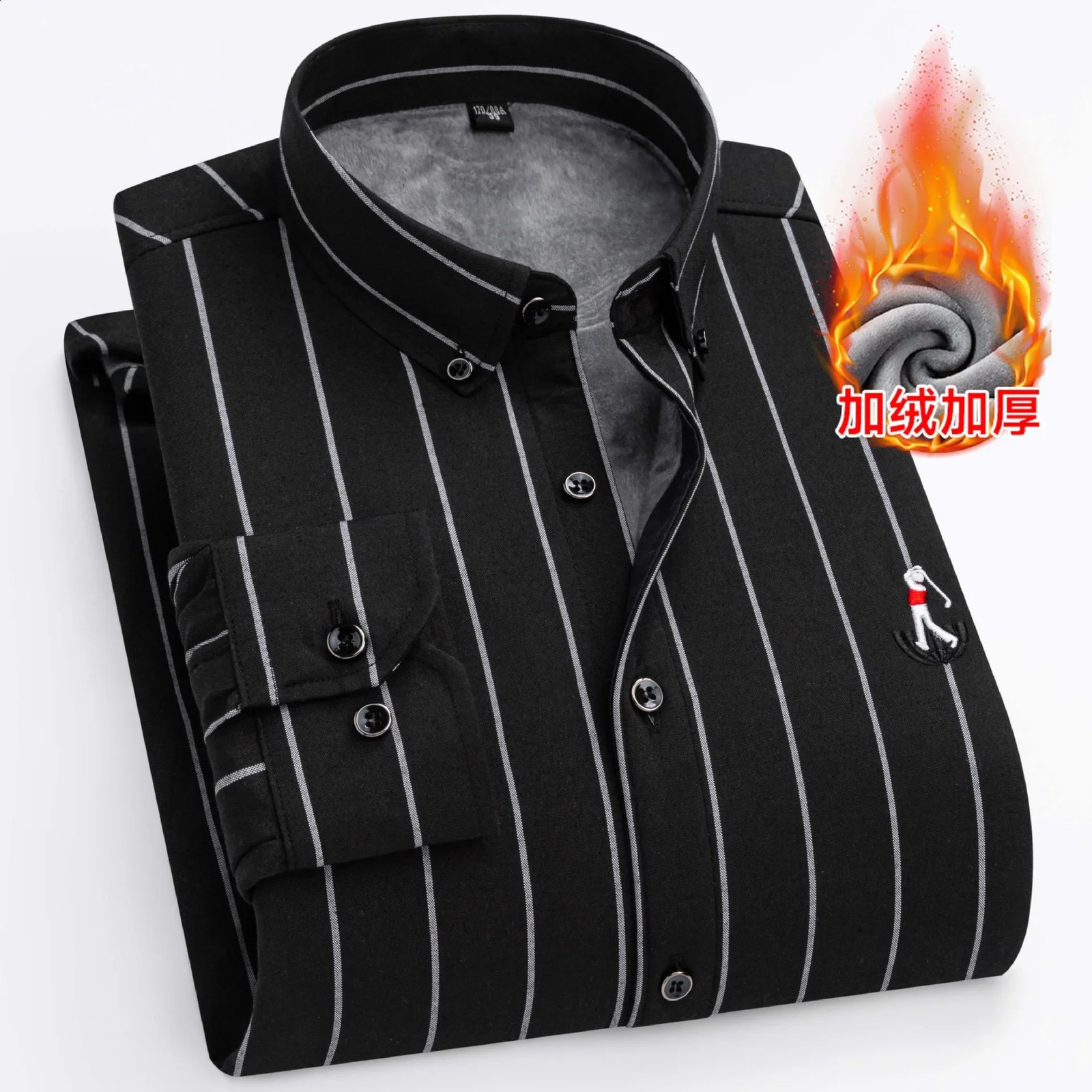 Autumn Winter Mens Striped Warm Nonironing Long Sleeve Fleece Thickened Oxford Spinning Business Casual Shirts Clothing 241223