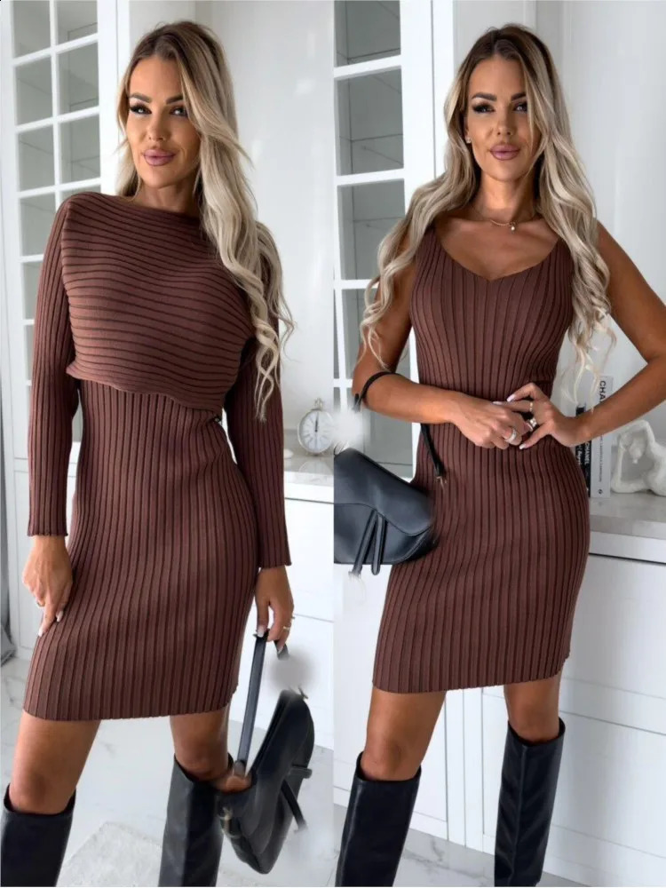 Fashion Long Sleeve Knitted Sweater And Dress Two Piece Sets For Women 2025 Autumn Winter Outfits Warm Sexy Bodycon Drsses 241220