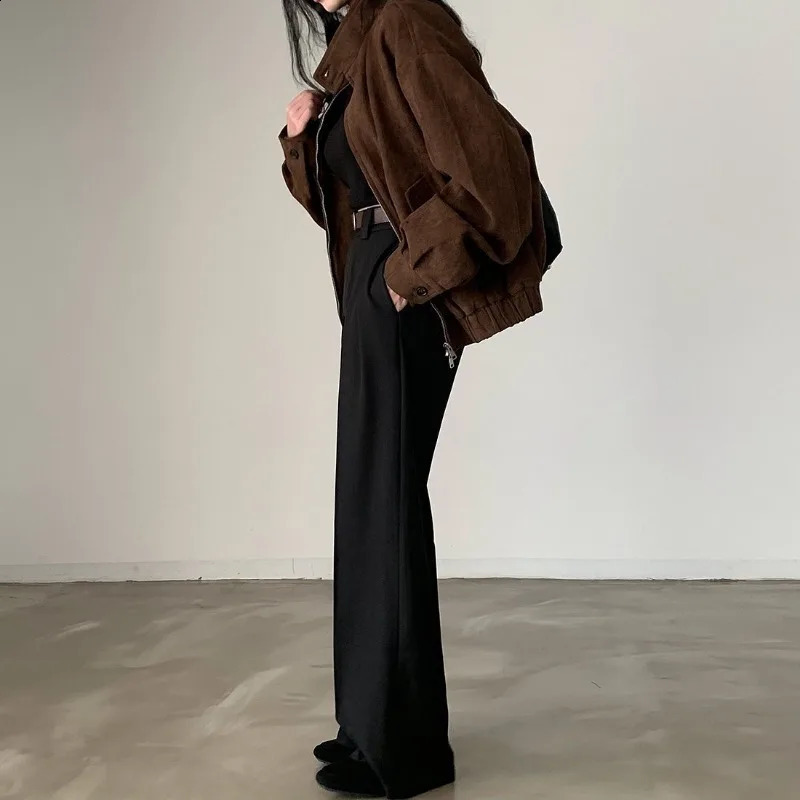 Stand Collar Zipper Chaqueta Mujer Long Sleeve Jaqueta Feminina Vinatge Jackets Woman Deerskin Casaco Autumn Winter Ropa 241224