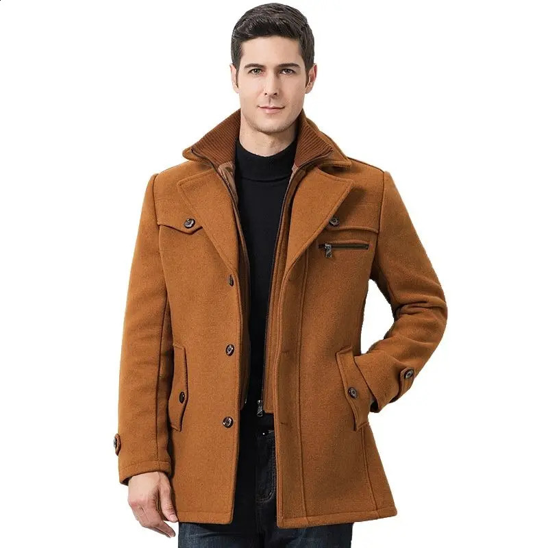 Winter Mens Casual Wool Trench Coat Fashion Business Medium Solid Thicken Slim Windbreaker Overcoat Jacket Male Plus Size 5XL 241220
