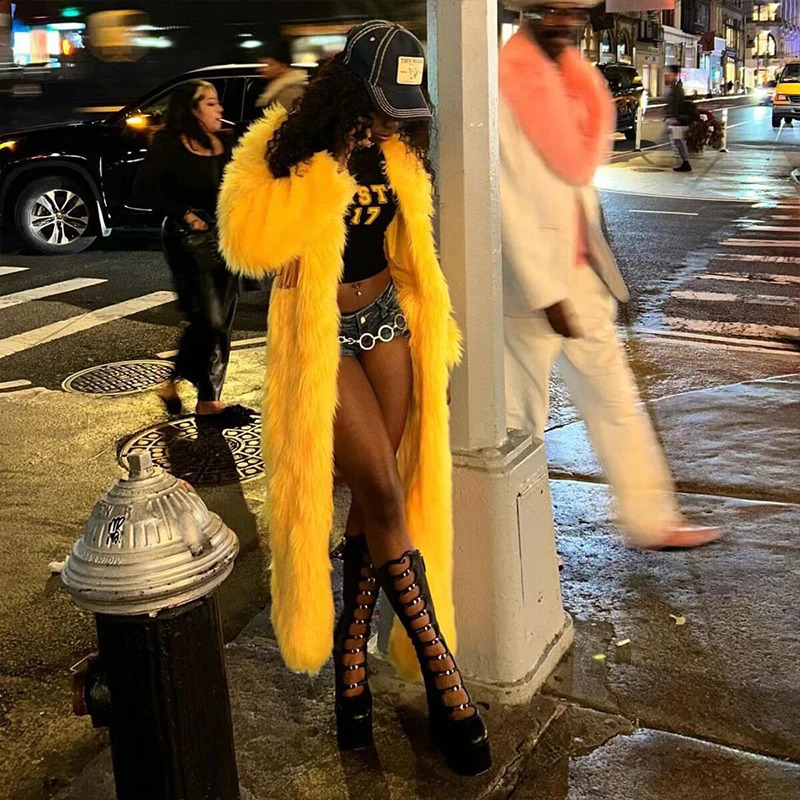 BKLD High Street 2024 Womens Winter Faux Fur Thicken Warm Long Coats Yellow Irregular Sexy Sleeved Fluffy Outerwear 241223