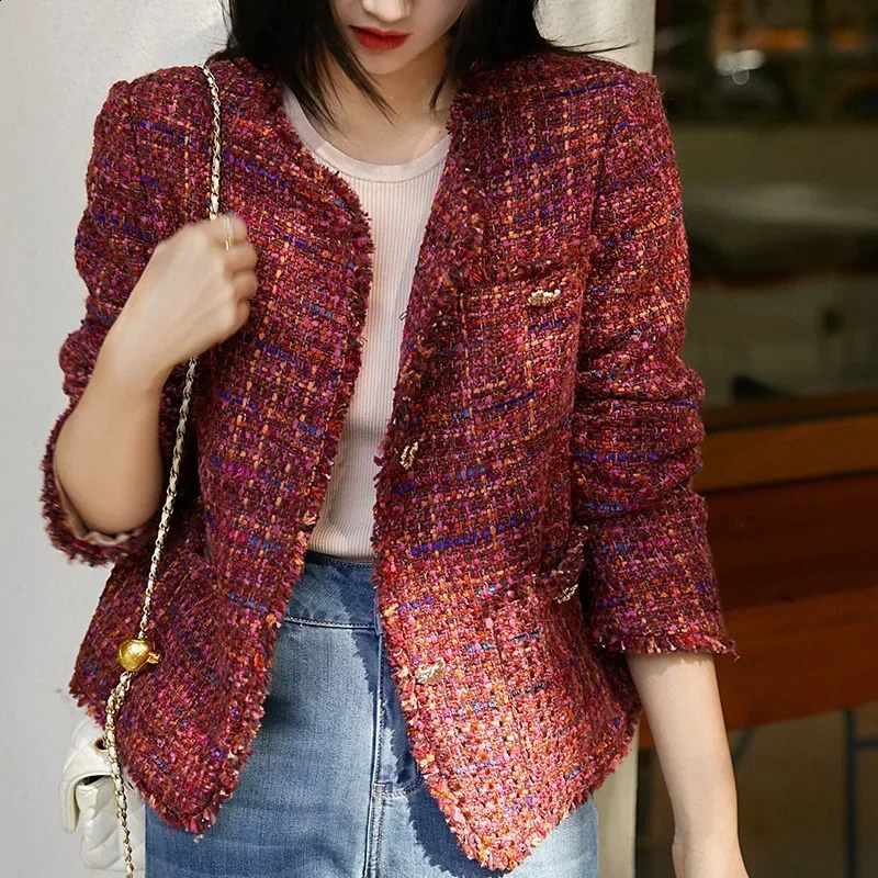 Autumn Women Wine Red Tweed Wool Jacket High-end Red Tweed Short Coat Spring and Autumn Coat Tweed Womens Tweed Coat 241224