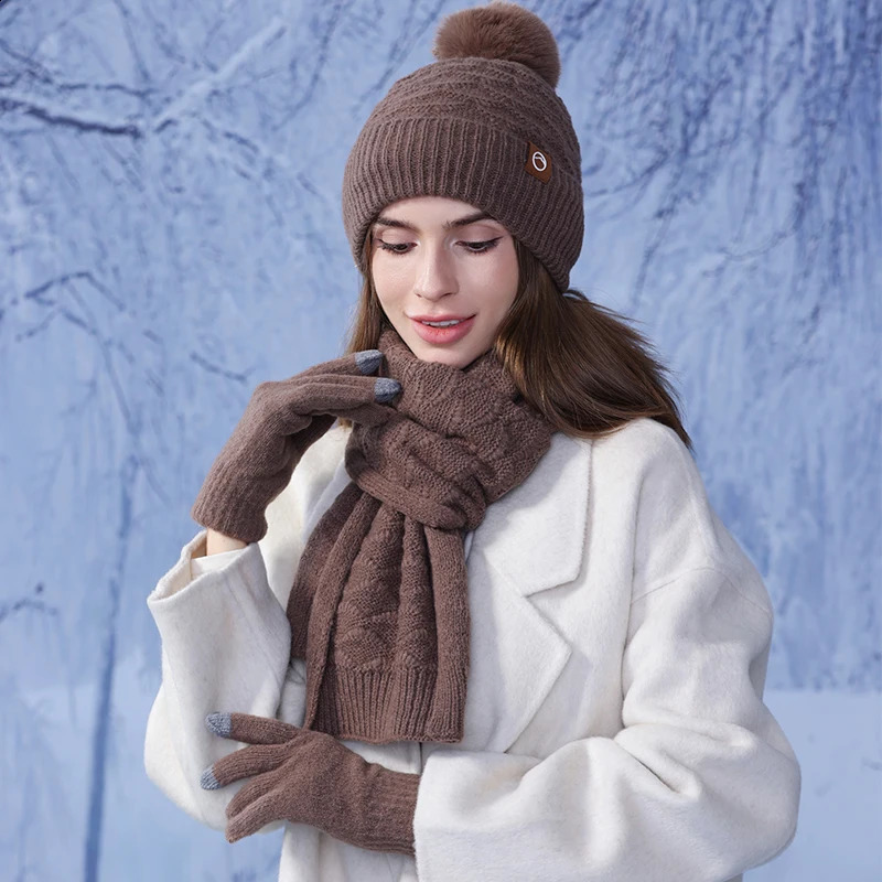 Winter Knitted Hat with Scarf Gloves 3 Pcs Sets Womens Thick Warm Knitted Suits Pompom Beanies Hat with Gloves Windproof Outfit 241228