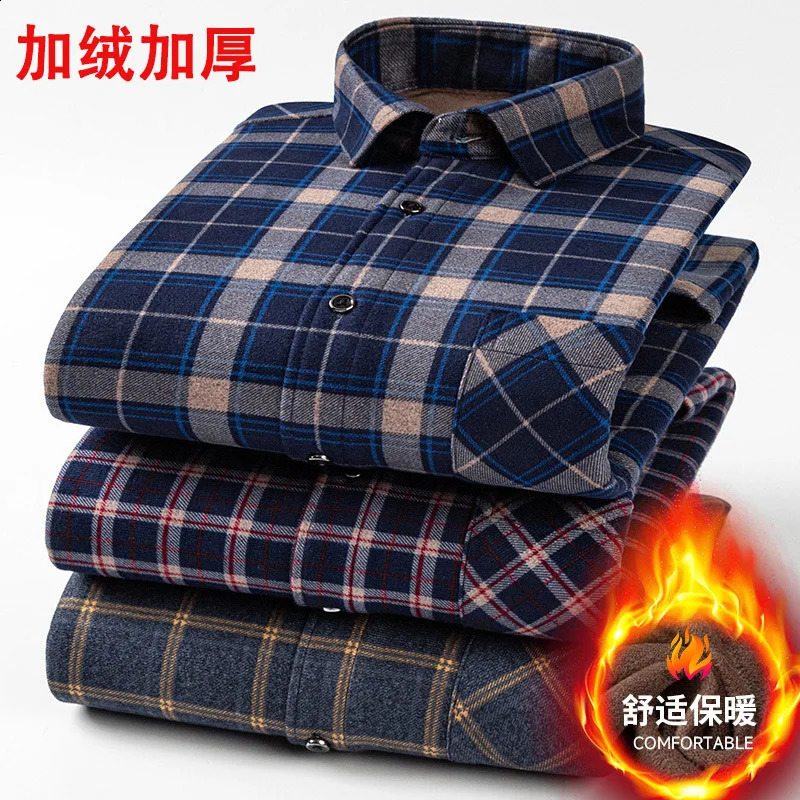 Autumn and winter double-sided velvet piled thickened mens shirt plaid warm long-sleeved shirt mens cold-proof dad outfit 241223