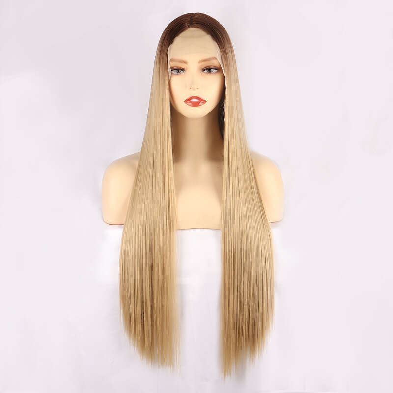 T-Shaped Lace Headband, Mid Split Dyed Long Straight Synthetic Wig Wigs Kq2