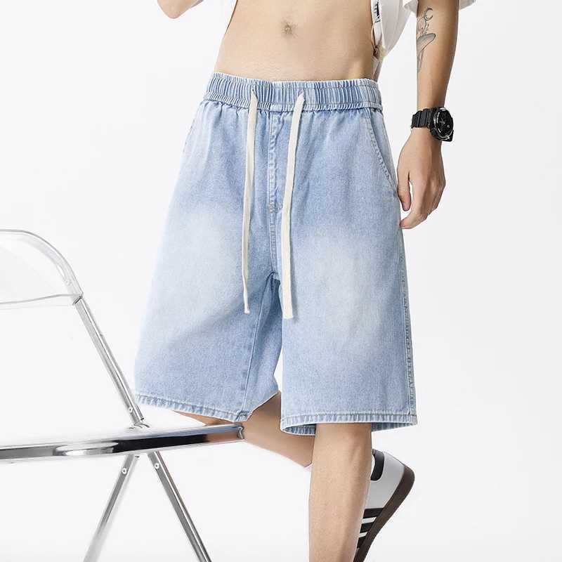Casual Denim Shorts Men Elastic Waist Straight Comfortable Light Blue Soft Short Pants Baggy Wide Bermuda Male Jeans W250319
