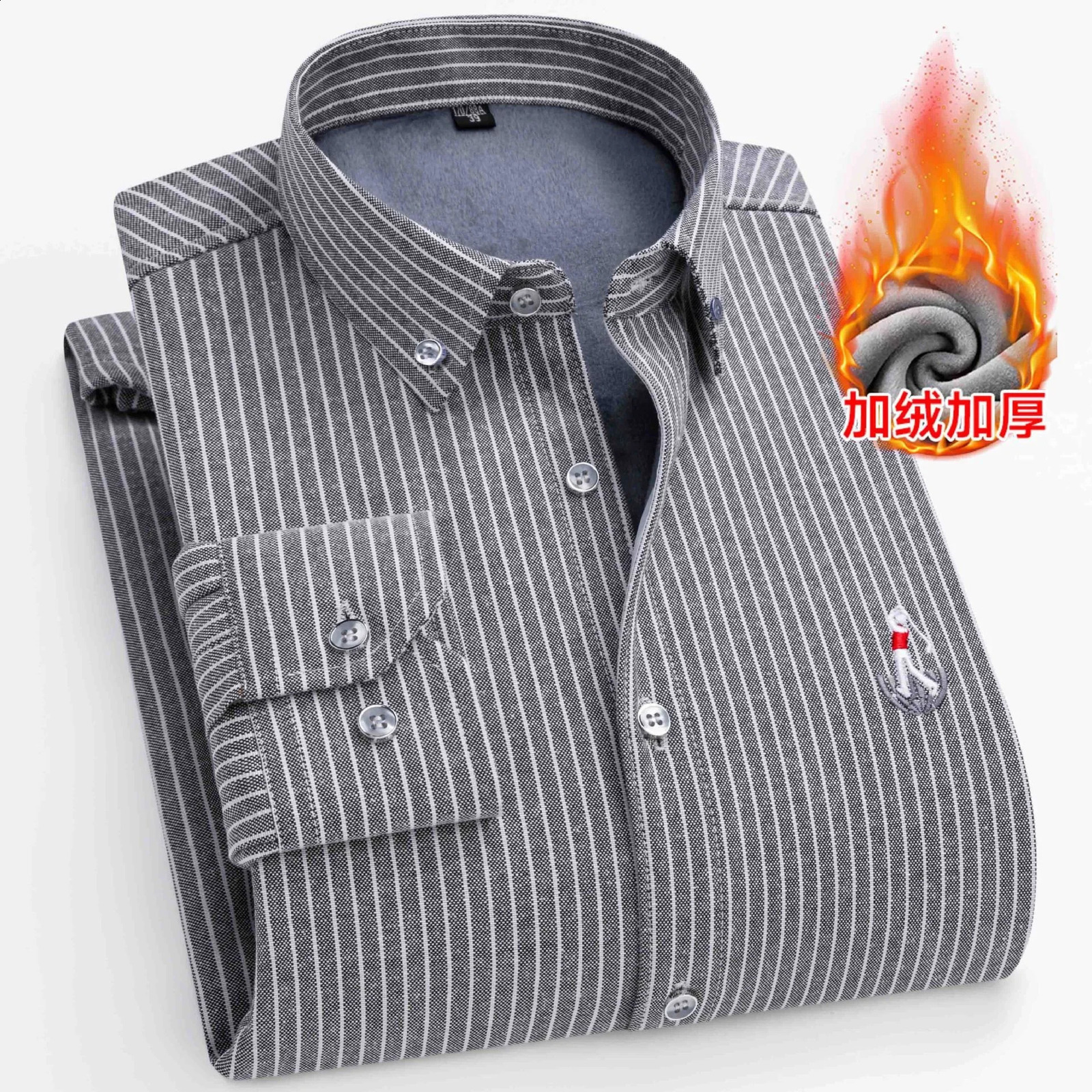 Autumn Winter Mens Striped Warm Nonironing Long Sleeve Fleece Thickened Oxford Spinning Business Casual Shirts Clothing 241223