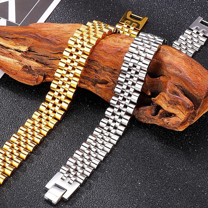 15MM 7 8 9 Stainless Steel Watch Band Link Chain Mens Bracelets For Man Gold Color Hand Bracelet Length Adjustable Wholesale 241223