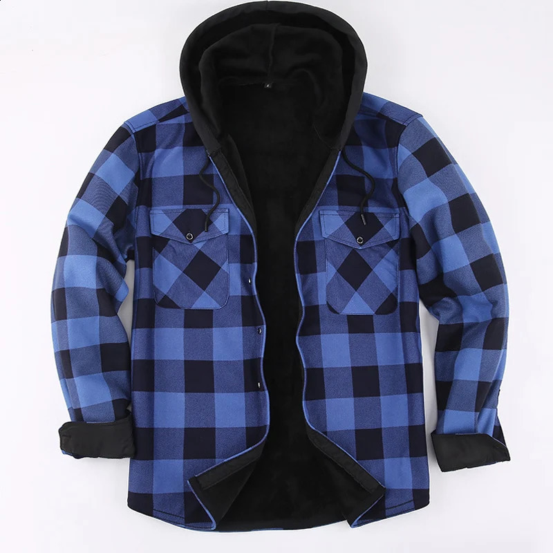Autumn And Winter Mens Flannel Warm Long Sleeve Shirts Casual Fashion Comfortable Plaid Shirt With a Hood Male Clothes 241223