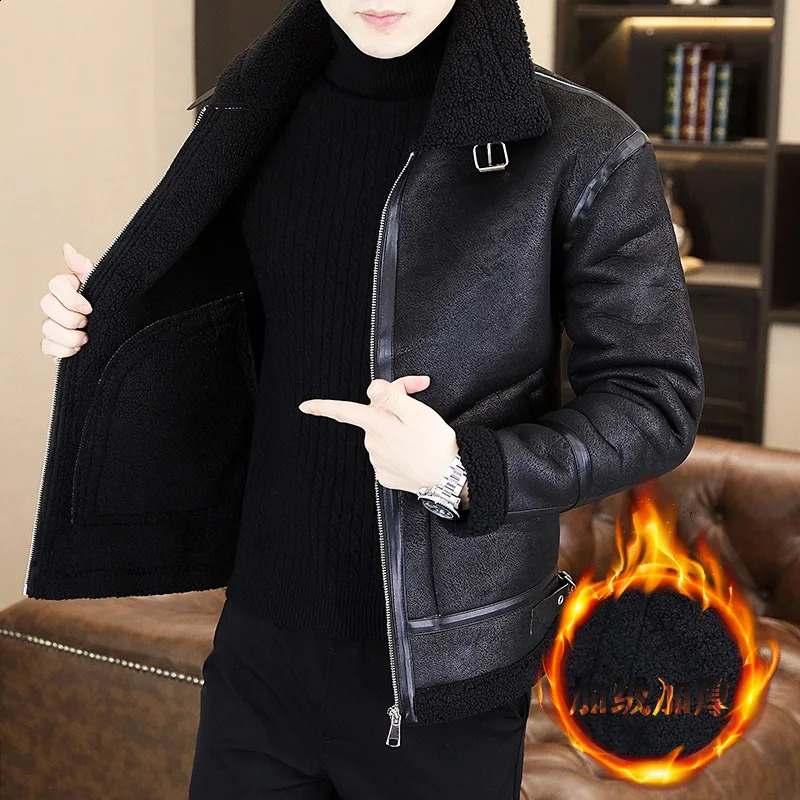 High Quality Male Winter PU Leather Coats Overcoat Jackets Thick Warm Wool Fleece Fur Collar Men Jacket Coat 241220