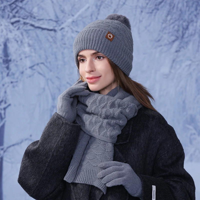 Winter Knitted Hat with Scarf Gloves 3 Pcs Sets Womens Thick Warm Knitted Suits Pompom Beanies Hat with Gloves Windproof Outfit 241228