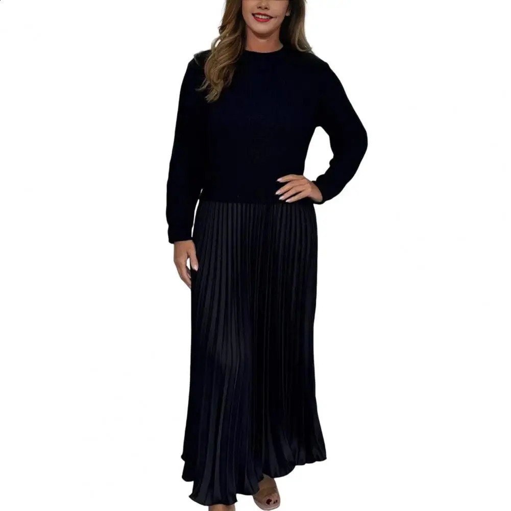 Autumn Winter Women Dress Knitted Sweater Twopiece Pleated Skirt Patchwork Long Sleeve Round Neck Aline Maxi 241228