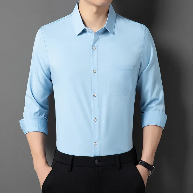 Mens Business Casual Solid Color Long Sleeved Shirt Non Ironing Comfortable Top 241223