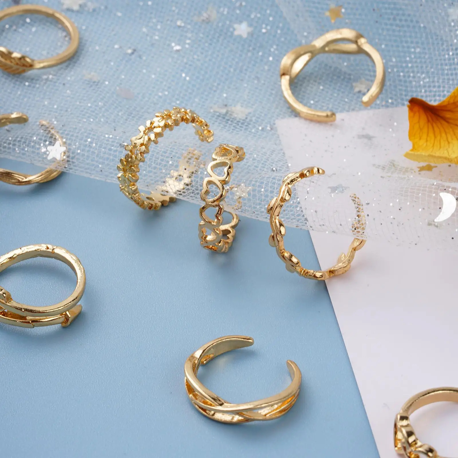 12pcs Toe Ladies Adjustable Rings Summer Fashion Foot Beach Open Barefoot Finger Cute Heart Feather Jewelry 241225