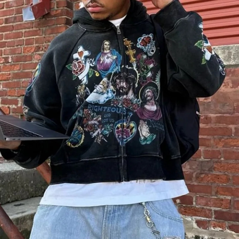 Vintage Risen King Graphic Print Oversized Zip-Up Hoodie Men Y2K Autumn Long Sleeves Casual Sweatshirt Streetwear Women Tops 241228